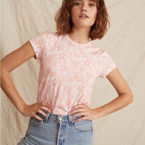 Marine Layer Classic Crew Neck Tee T-Shirt in Papaya Hawaiian Print Medium